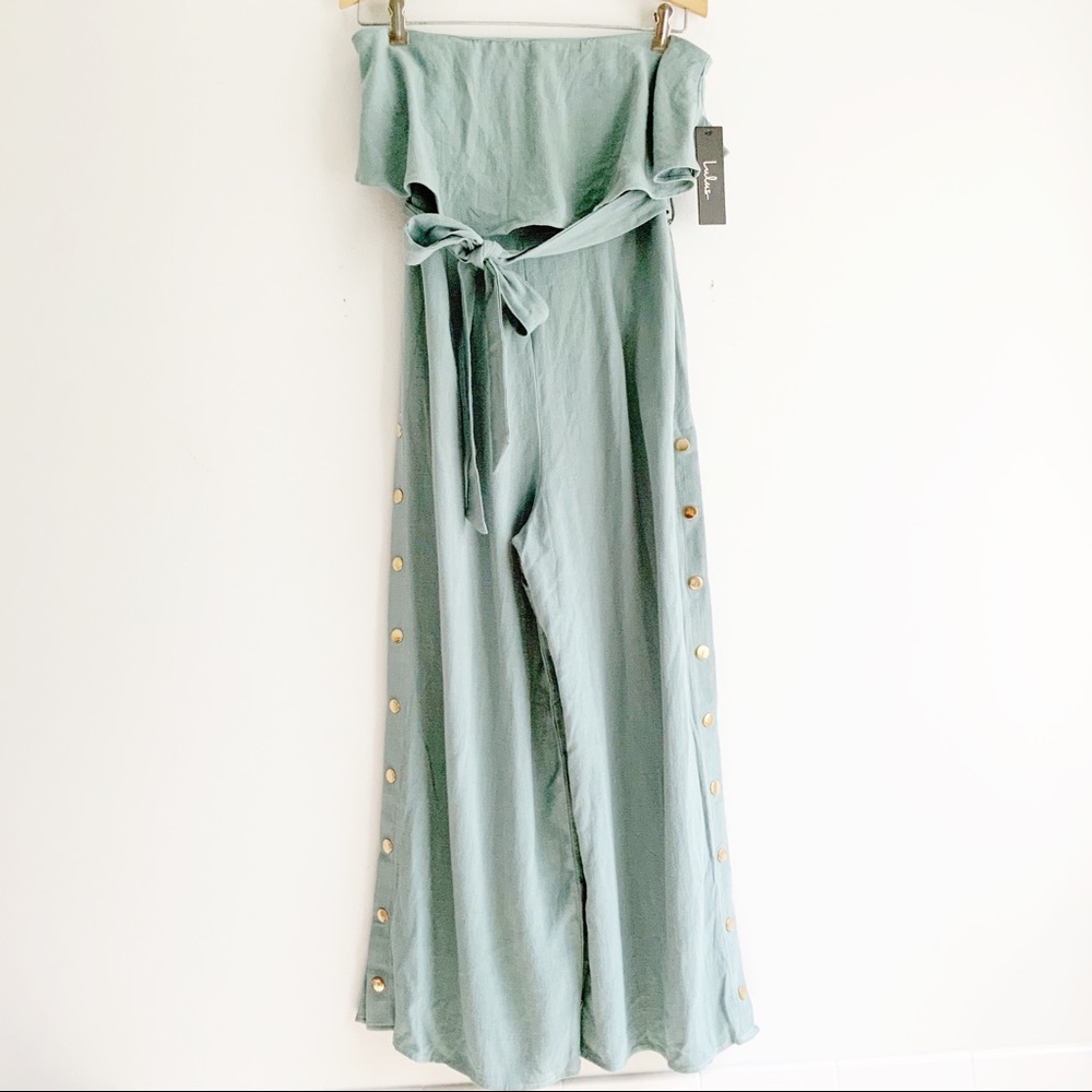 NWT Lulu’s Lanah Sage Green Strapless Jumpsuit